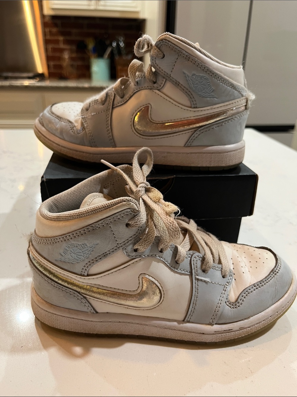 Jordan Kids Mid-Top Sneakers - Light Gray, Cream & Metallic Gold Swoosh